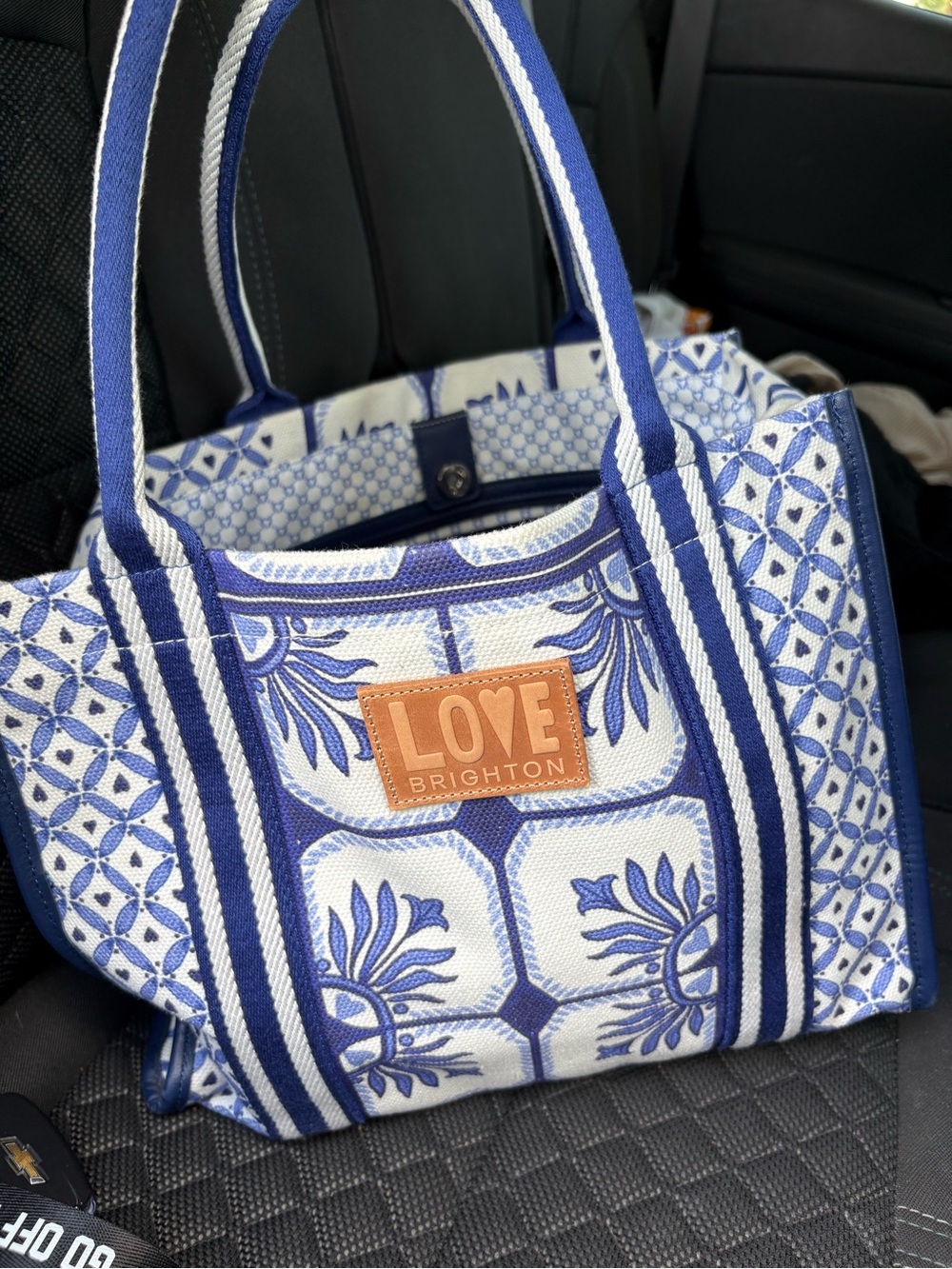 Brighton Blue & White Patterned Tote with Tan Logo Patch - Picture 1 of 5